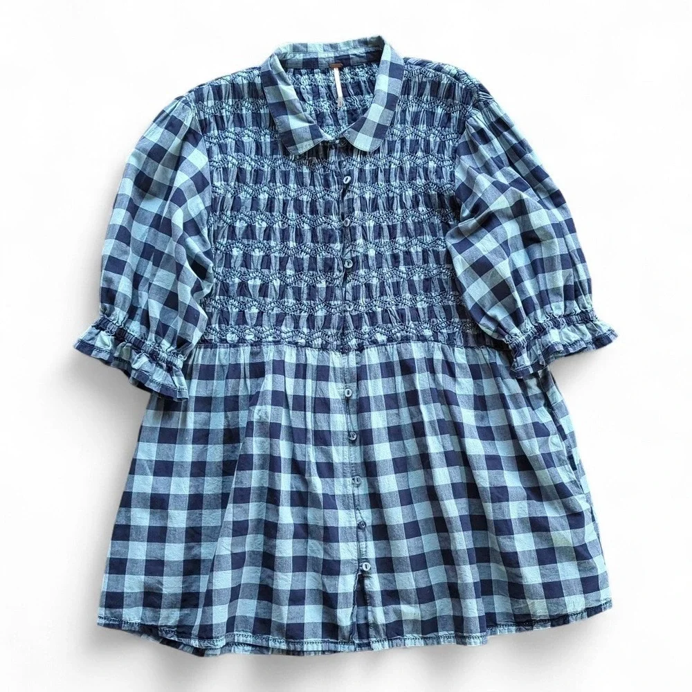 Free People Blue Plaid Shirt Dress Sz S
